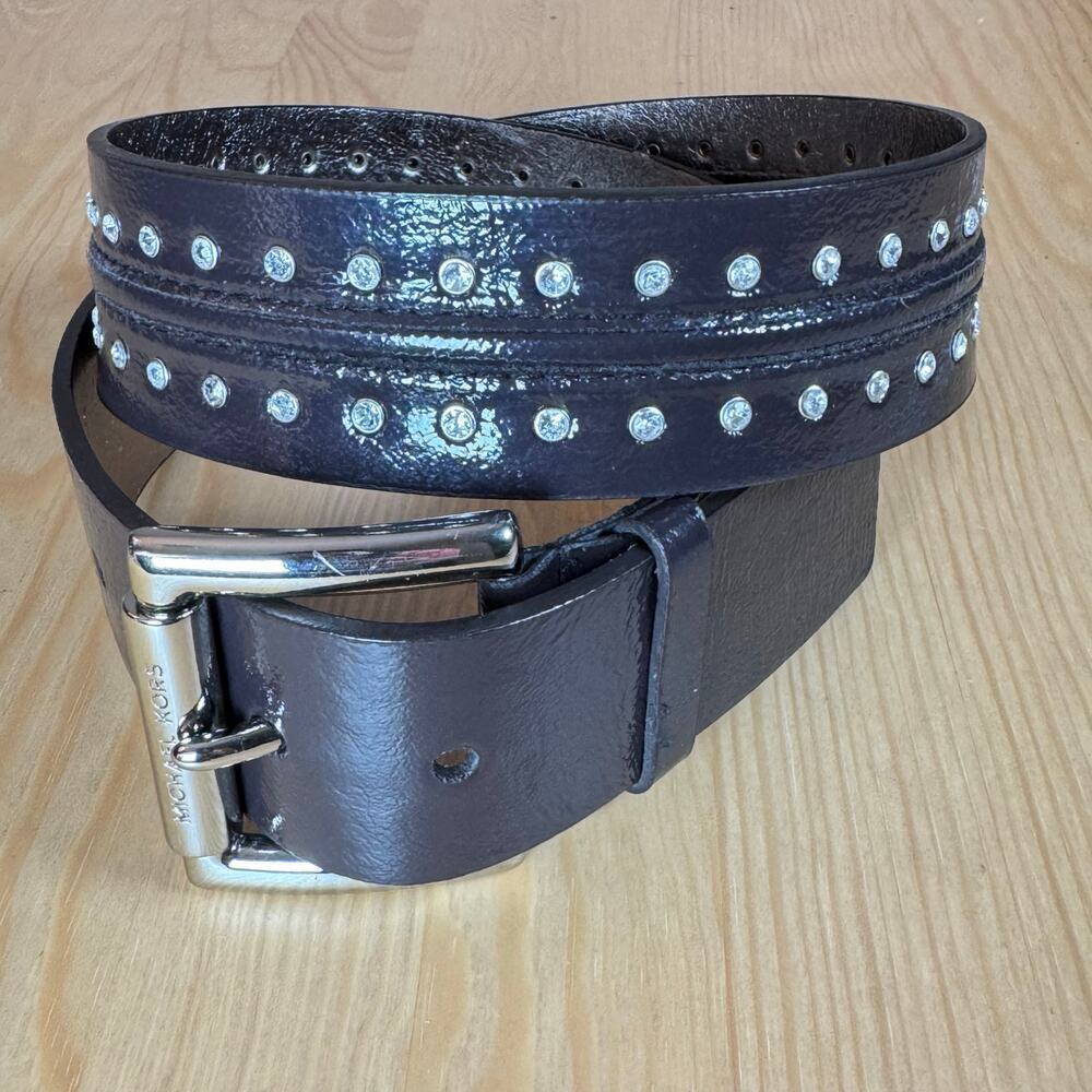 Michael Kors Womens Belt Brown Patent Leather Studded Rhinestones Glam Y2K M 90s